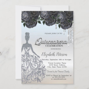 Silver Glitter Droppade Svarta Rosor Sweet 16 Inbjudningar