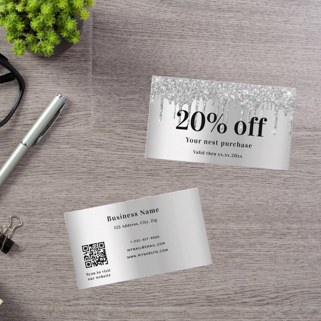 Silver glitter droppar elegant qr-kodverksamhet fö rabattkort (Skapare uppladdad)