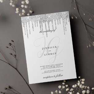 Silver glitter droppar i monogram initialer bröllo inbjudningar