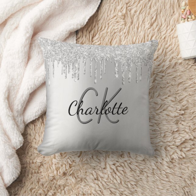 Silver glitter droppar i monogram namn kudde (Filt)