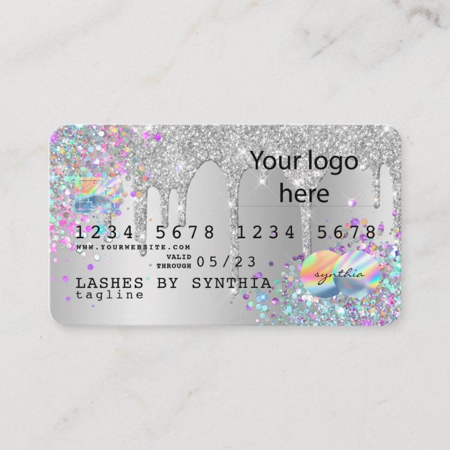 Silver glitter droppar Kredit Card hologram add lo Visitkort (Framsida)
