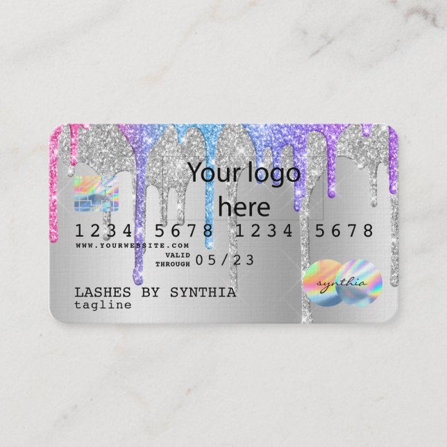 Silver glitter droppar Kredit Card hologram add lo Visitkort (Framsida)