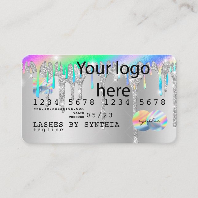 Silver glitter droppar Kredit Card hologram add lo Visitkort (Framsida)