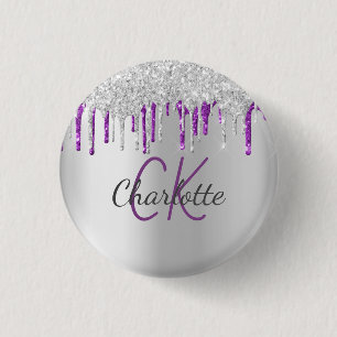 Silver glitter droppar lila anpassad monogramnamn knapp
