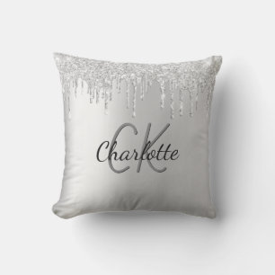 Silver glitter droppar monogram namn gnistra kudde