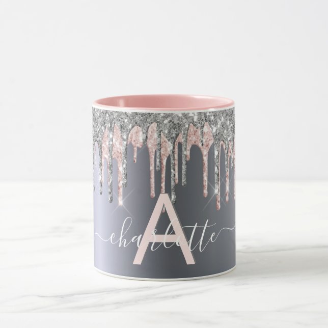 Silver glitter droppar monogram rosa namn-skript mugg (Center)