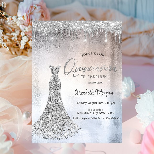 Silver Glitter Drops,Diamonds Klänning Quinceanera Inbjudningar (Skapare uppladdad)