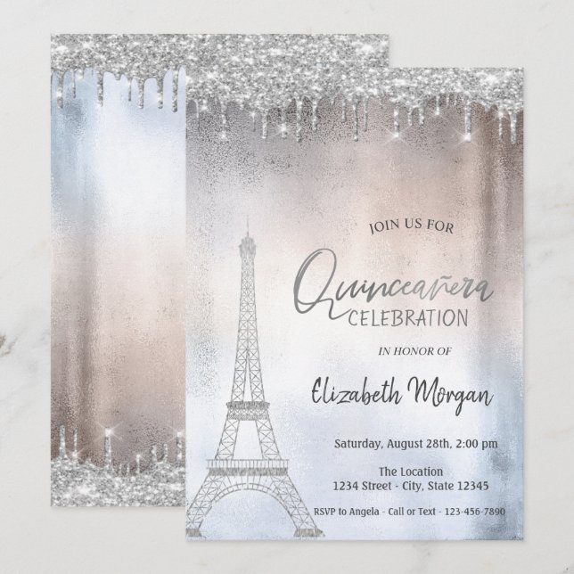 Silver Glitter Drops Eiffeltornet Quinceanera Inbjudningar (Fram/baksida)