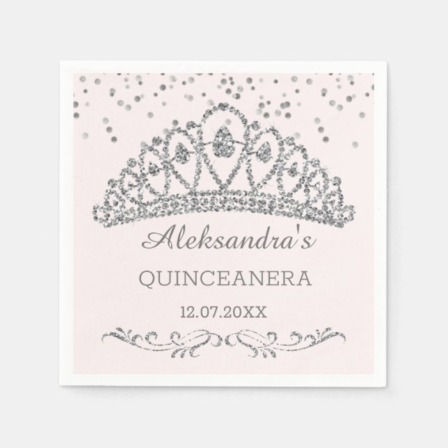 Silver glitter, effekttiara, konetti Quinceanera Pappersservett (Framsidan)