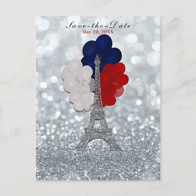 Silver Glitter Eiffel Torn Red Blue Spara datumet Meddelande Vykort (Framsida)