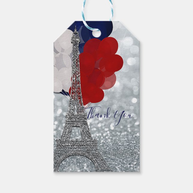 Silver Glitter Eiffel Torn Rött vitt blått Party Presentetikett (Framsidan)