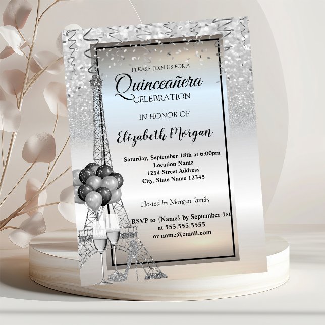 Silver Glitter Eiffeltorn,Ballonger Quinceañera Inbjudningar (Skapare uppladdad)