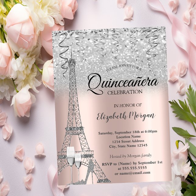 Silver Glitter Eiffeltorn, Glas Rose Guld  Inbjudningar (Skapare uppladdad)
