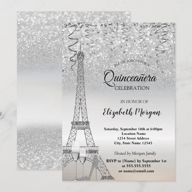 Silver Glitter Eiffeltorn, Klack, Glas Quinceañera Inbjudningar (Fram/baksida)