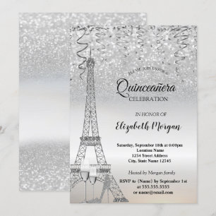 Silver Glitter Eiffeltorn, Klack, Glas Quinceañera Inbjudningar