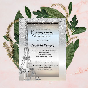 Silver Glitter Eiffeltornet, Glas Quinceañera Inbjudningar
