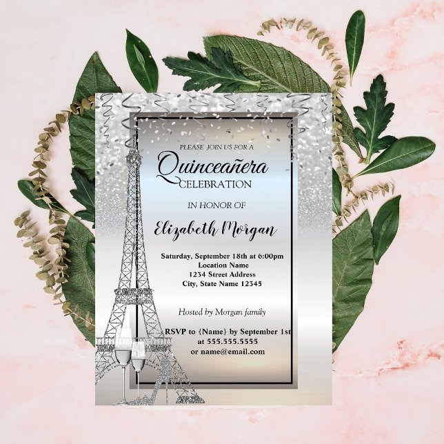 Silver Glitter Eiffeltornet, Glas Quinceañera Inbjudningar (Skapare uppladdad)
