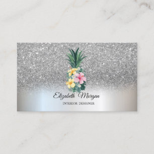Silver Glitter Elegant Ananas Tropiska Blommor Visitkort