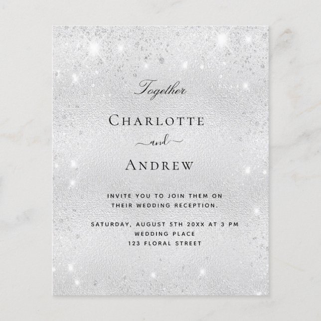 Silver glitter elegant bröllop budget inbjudan flygblad (Framsidan)