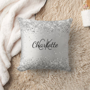 Silver glitter elegant monogram namn kudde