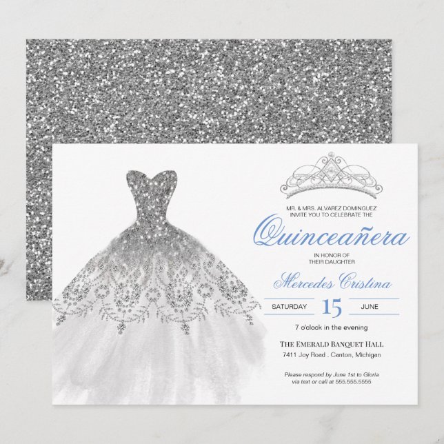 Silver Glitter Elegant Quinceañera Inbjudningar (Fram/baksida)