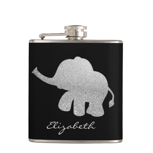 Silver Glitter Elephant, svart - Personlig Fickplunta (Framsidan)