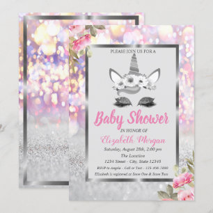 Silver Glitter Enhörning, Blommig Boho Babyfirande Inbjudningar