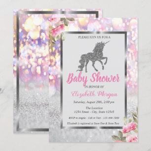 Silver Glitter Enhörning Bokeh, Blommig Baby Showe Inbjudningar