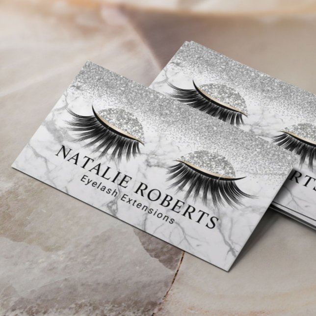 Silver Glitter Eyelash Modern Marble Makeup Artist Visitkort (Skapare uppladdad)