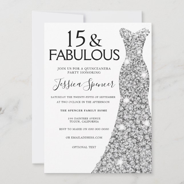 Silver Glitter, Fabulous 15 Quinceanera Party Inbjudningar (Framsida)