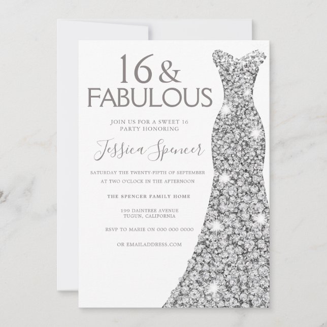 Silver Glitter, Fabulous Sweet 16 Party Inbjudningar (Framsida)