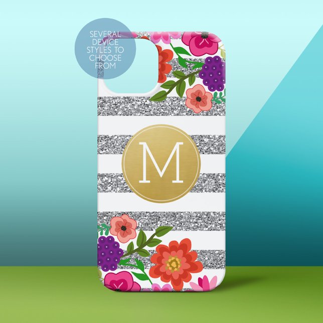 Silver Glitter, Flowers, Rand, Guld Monogram (Personalized Phone Case)