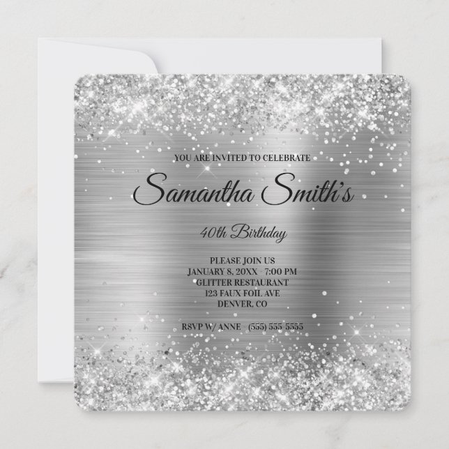 Silver Glitter Foil 40th Birthday Finare Monogram Inbjudningar (Framsida)