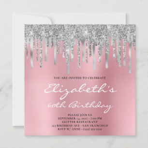 Silver Glitter Foil Drips Rosa Ombre 60:e födelsed Inbjudningar