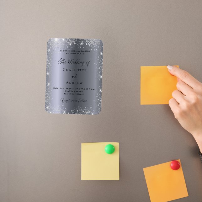 Silver glitter formella lyxinbjudan till lyxbröllo magnet (Skapare uppladdad)