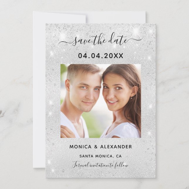 Silver glitter foto qr-kod bröllop spara datumet (Framsida)