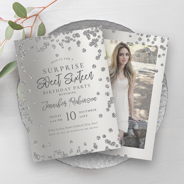 Silver Glitter-foto-SURPRISE Sweet 16 Inbjudningar (Silver Glitter Photo SURPRISE Sweet 16 Invitation)