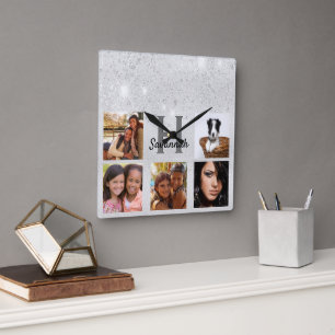 Silver glitter fotocollage monogram glamous fyrkantig klocka