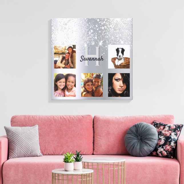Silver glitter-fotokollage monogram canvastryck (Insitu (Vardagsrum))