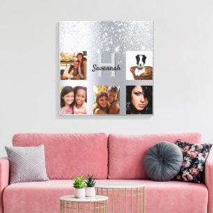 Silver glitter-fotokollage monogram canvastryck