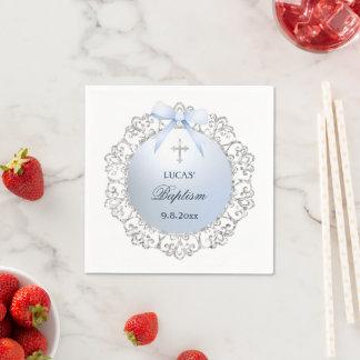 Silver Glitter Frame Blue Bow Baptism Pappersservett