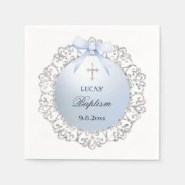 Silver Glitter Frame Blue Bow Baptism Pappersservett