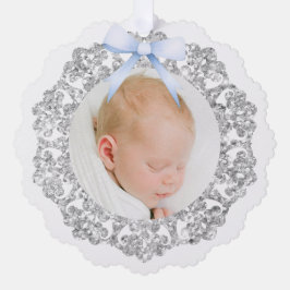 Silver Glitter Frame Blue Bow Baptism Thank You