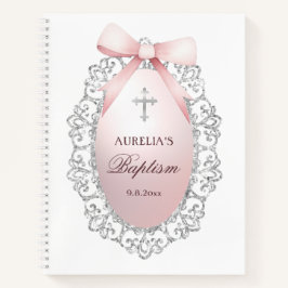 Silver Glitter Frame Pink Bow Baptism Guest Book