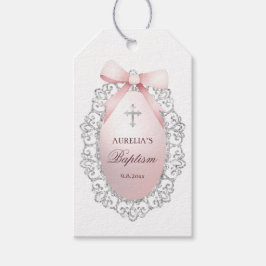 Silver Glitter Frame Pink Bow Baptism Presentetikett