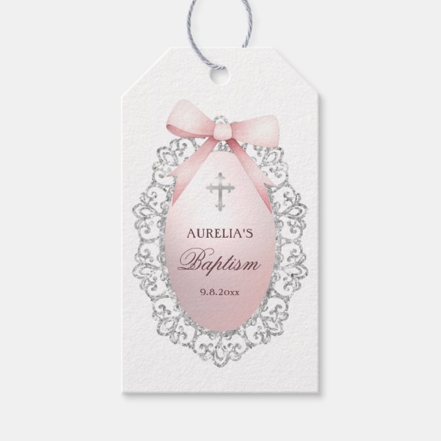 Silver Glitter Frame Pink Bow Baptism Presentetikett (Framsidan)