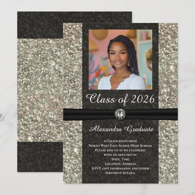 Silver Glitter Gem Fotoklass för 2025 Studenten Inbjudningar (Fram/baksida)
