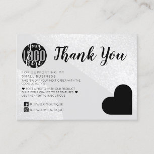 Silver Glitter Geo Heart Logotyp Customer Tack Visitkort