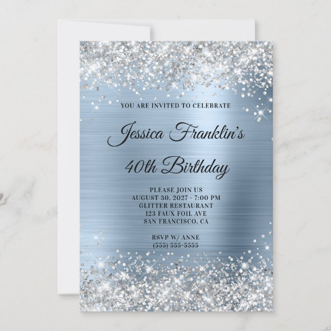 Silver Glitter Girly Blek Blue Foil 40:e födelseda Inbjudningar (Framsida)