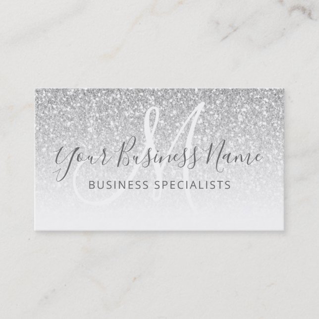 Silver Glitter Girly Script Business Logotyp Monog Visitkort (Framsida)